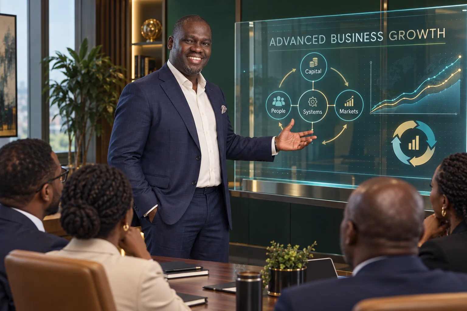 AI generated illustration of Ayodeji Peter Falope teaching CEOs advanced business growth using an interactive AI board